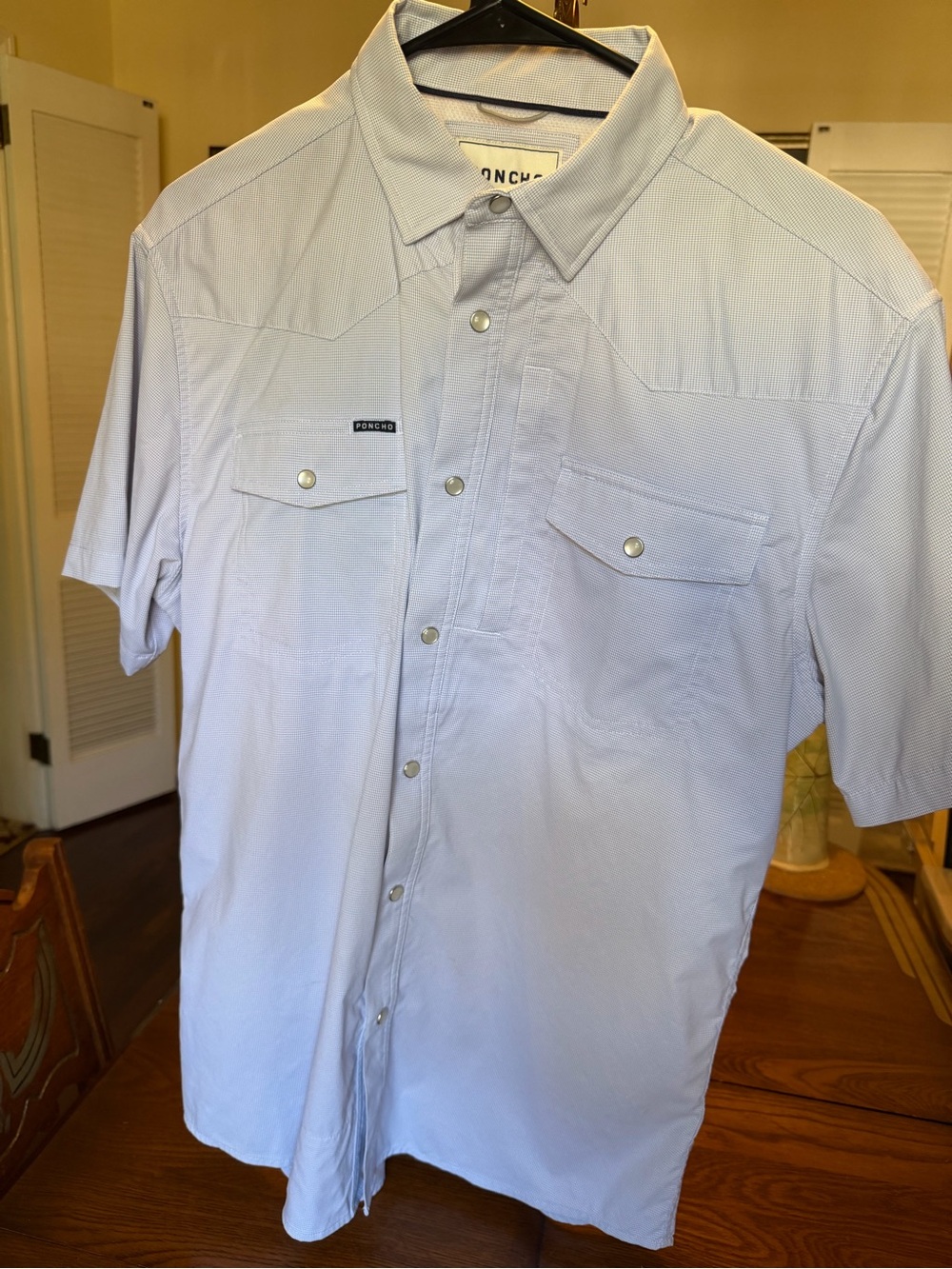 Men's Light Blue Short-Sleeve Western Button-Down Shirt by Poncho, Slim fit